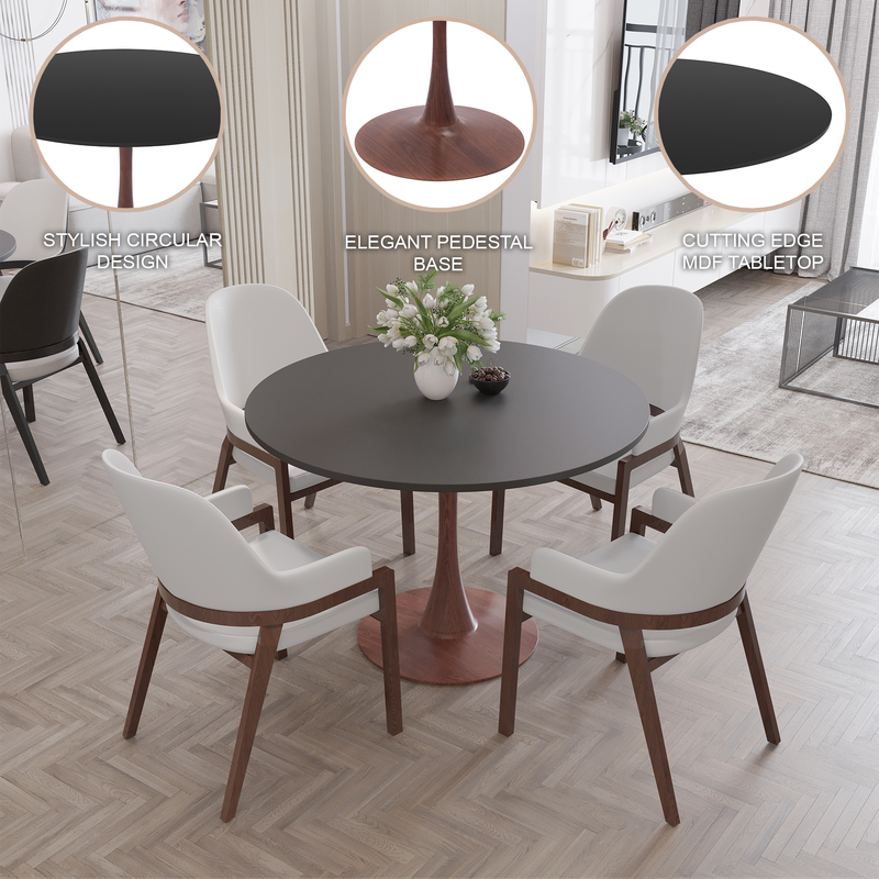 LeisureMod Bristol 40" Round Dining Table Wood Transfer Walnut Base with MDF Black Top in Room.