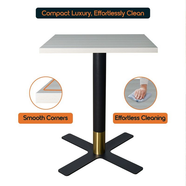 LeisureMod Vail Collection Dining Table Black/Gold X Base With 24" Square Light Wood Brown MDF Top Description.