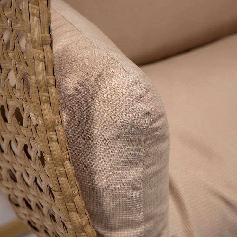 LeisureMod Mendoza Light Brown Wicker Hanging 2 Person Egg Swing Chair Beige Closeup.