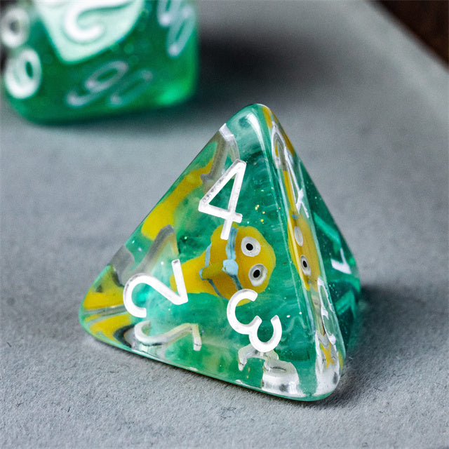 Gold Fish Green 7-Dice Dnd Dice | Glitter w/White Numbers Set