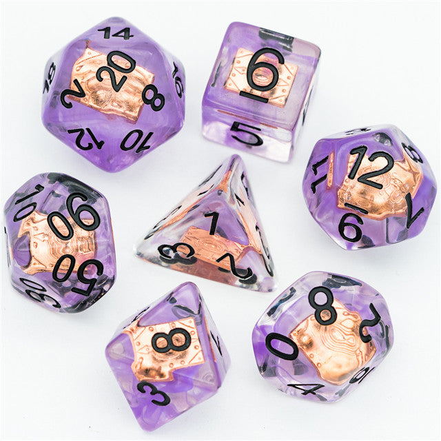 Warlock (Magic Book) Clear Purple Dice w/ Golden Book 7-Dice Set Rpg