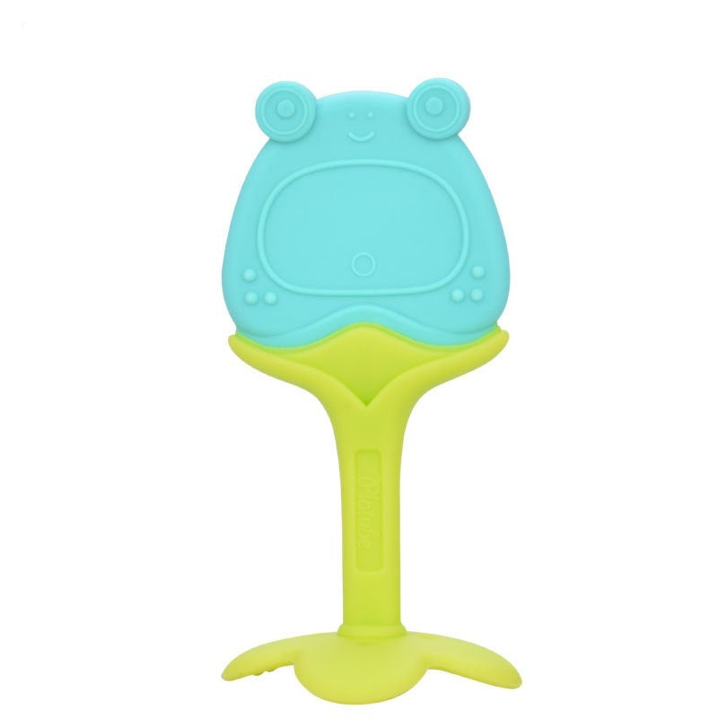 Teething toy with frog design on a white background.