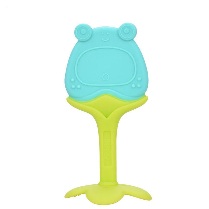 Teething toy with frog design on a white background.