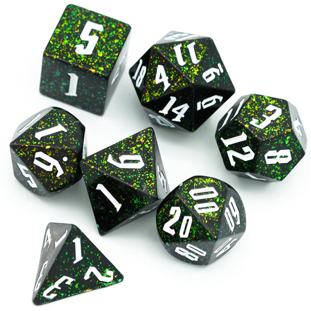 80's Monster Glitter DND Dice (Black,Green,Orange) 7-Dice Dungeons and Dragons Dice