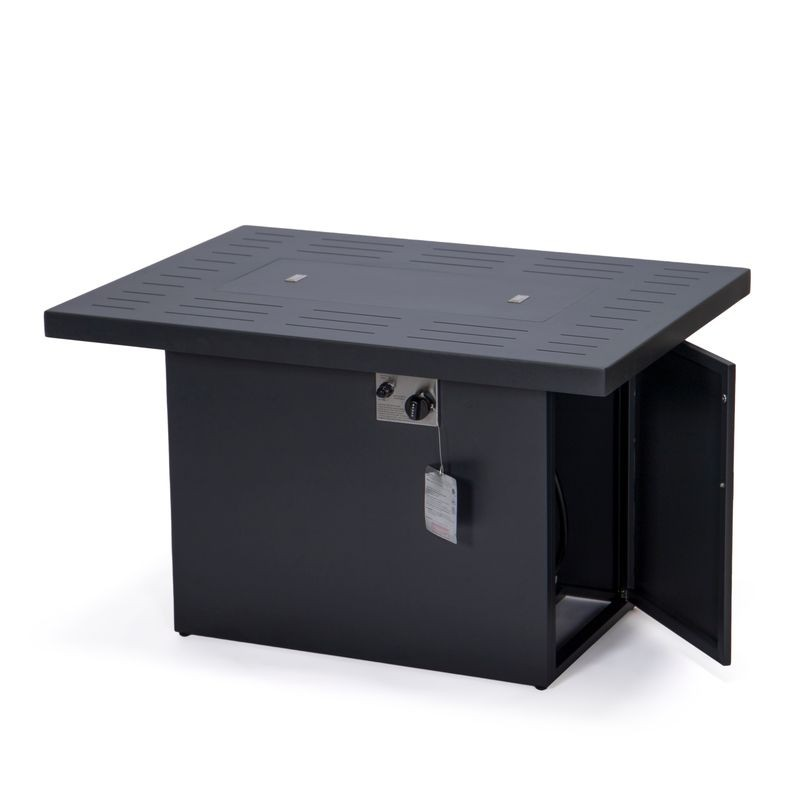 LeisureMod Chelsea Patio Modern Aluminum Propane Fire Pit Table Black Open Drawer.