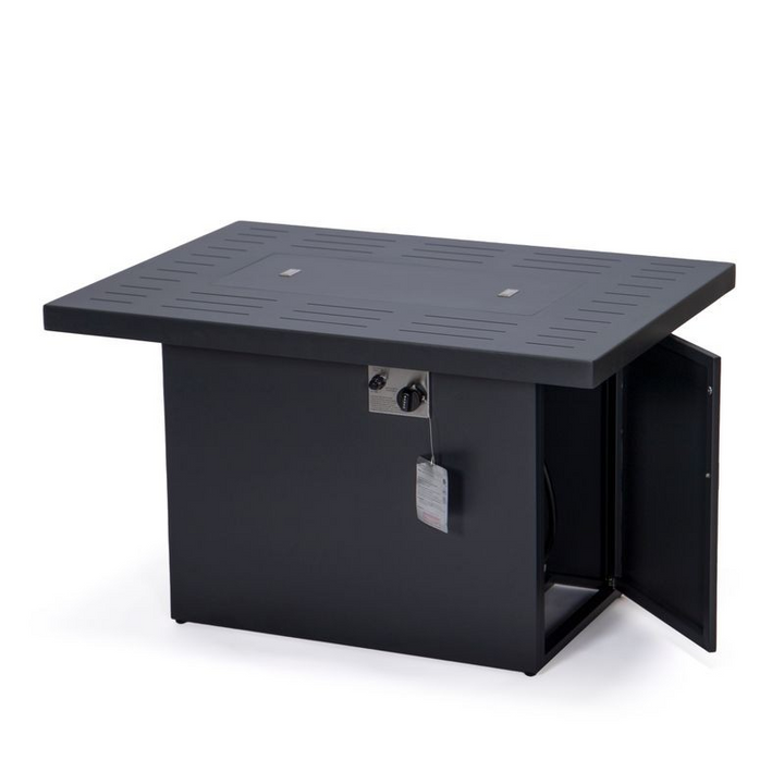 LeisureMod Chelsea Patio Modern Aluminum Propane Fire Pit Table Black Open Drawer.