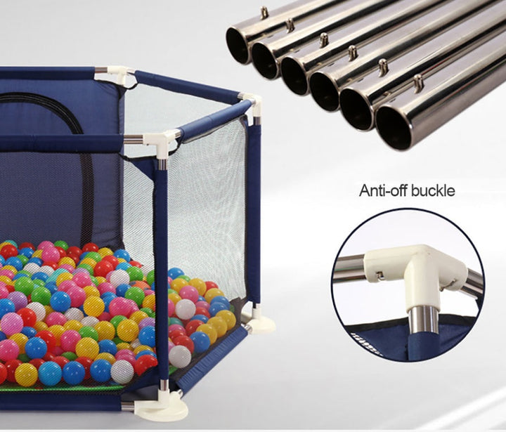 Children's playpen with colorful balls and metal pipes, highlighting an anti-off buckle.