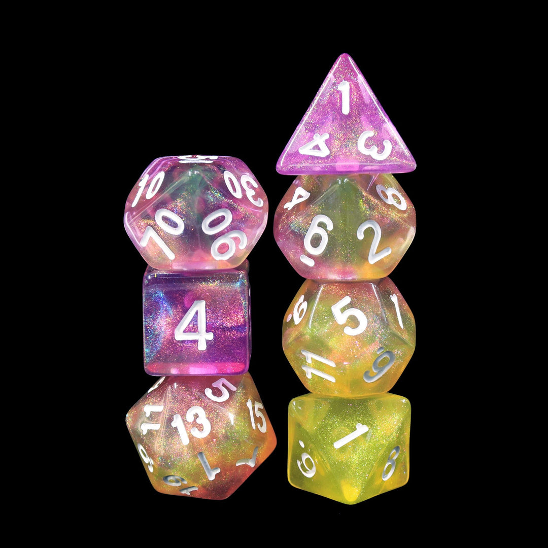 Lemon Jelly Purple/Yellow Glitter 7-Dice Set by HendgaDice