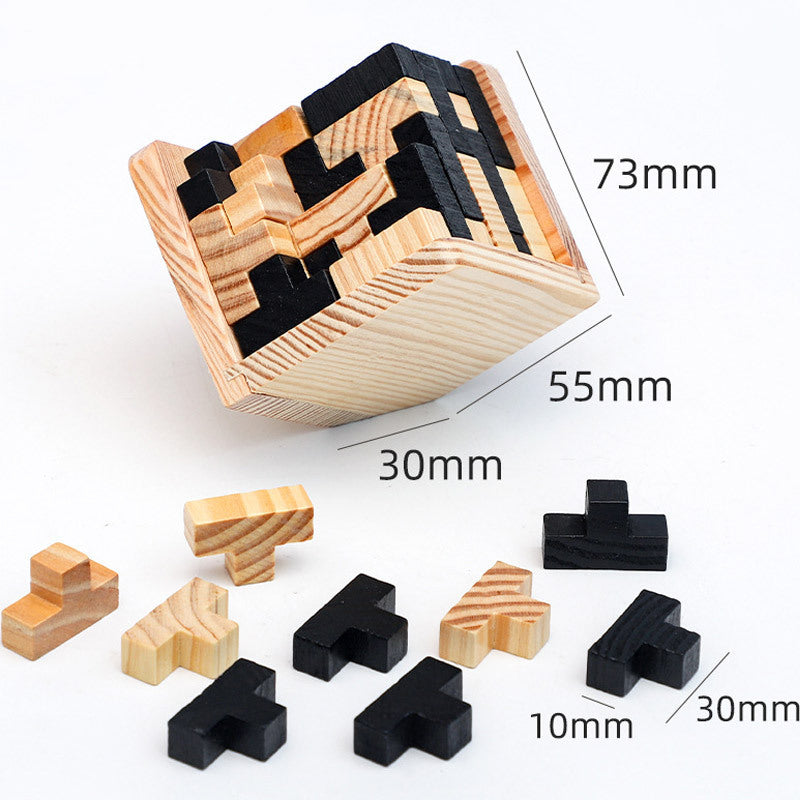 Wooden puzzle with dimensions labeled on a white background.