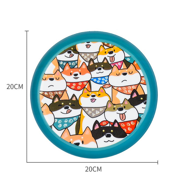 Circular product with cartoon dog design and blue border, shown with dimensions.