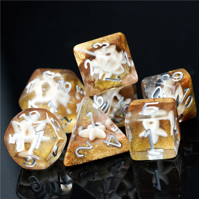 White Starfish Dice on Gold 7-Dice Set Resin Dungeons and Dragons Dice
