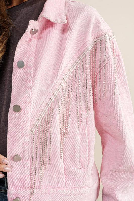 Crop Denim Jacket with Rhinestone Fringe