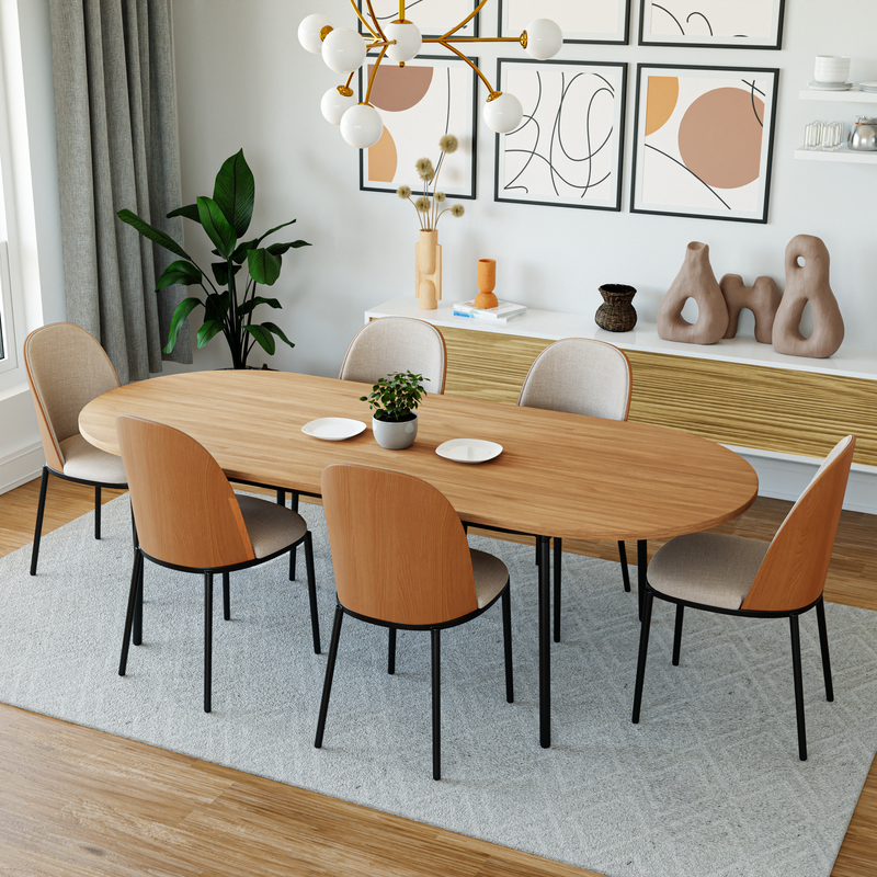 LeisureMod Tule Modern 83" Oval Dining Table with MDF Top and Black Steel Legs in Natural Wood Photo.
