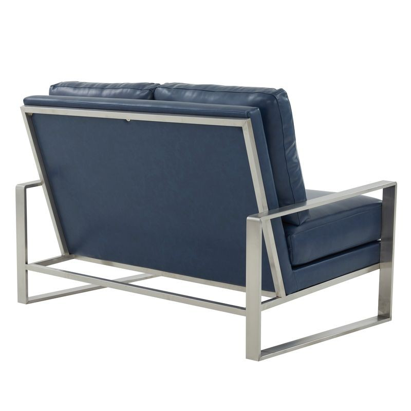 Leisuremod Jefferson Contemporary Modern Faux Leather Loveseat with Silver Frame Navy Blue Back View.