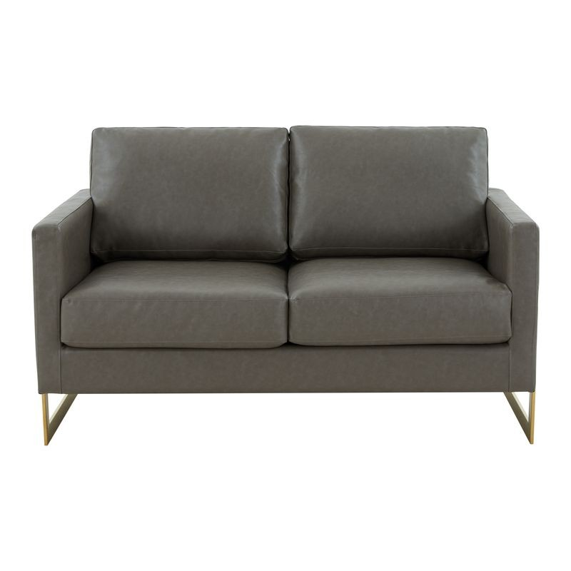 LeisureMod Lincoln Modern Mid-Century Upholstered PU Leather Loveseat with Gold Frame Grey Front View.