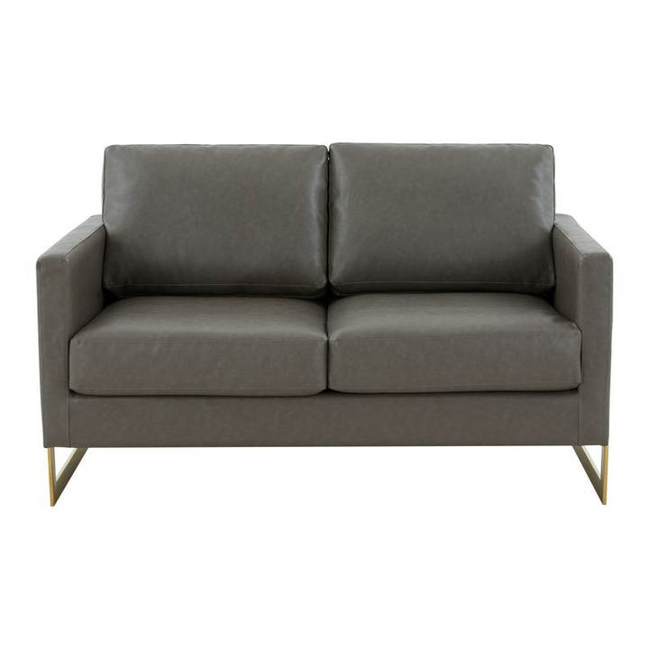 LeisureMod Lincoln Modern Mid-Century Upholstered PU Leather Loveseat with Gold Frame Grey Front View.