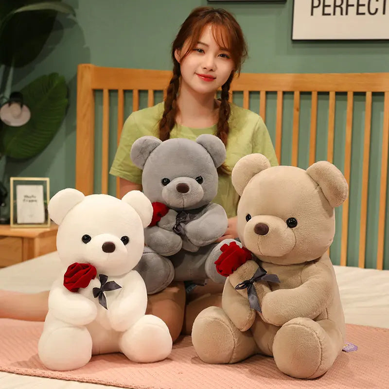 Plush Rose Teddy Bear – Soft Stuffed Animal Pillow Doll
