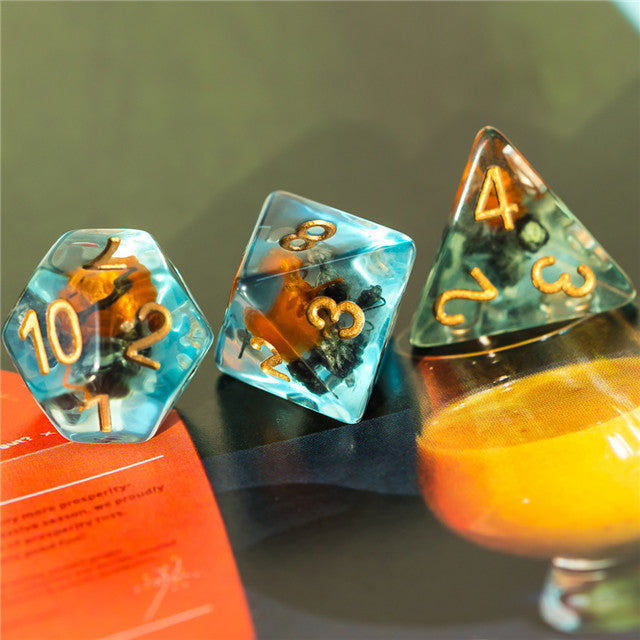 Orange & Grey Flower Dice  7-Dice Set Resin Dungeons and Dragons Dice (Gypsophila / Baby's-Breath)