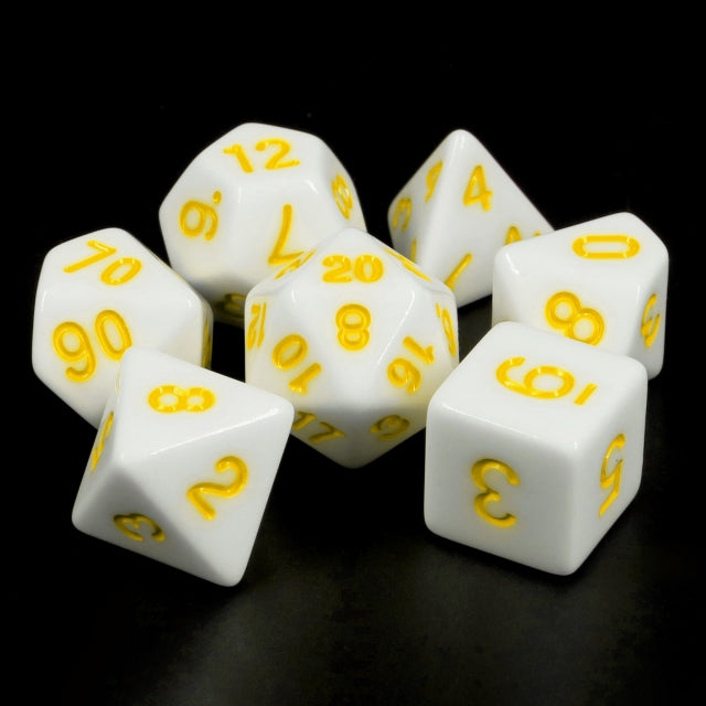 White Opaque with Yellow Numbering 7-Dice Set RPG