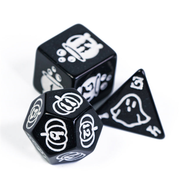 Halloween Black w/White | Pumpkin/Ghost/Bat/Cauldron 7-Dice Set DND