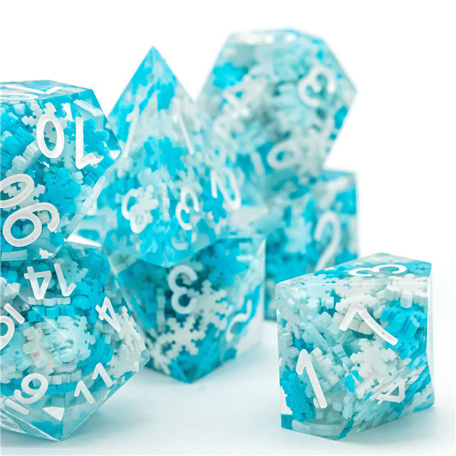 Snowflake Sharp Edge DND Dice Set | White & Blue w/White Numbers