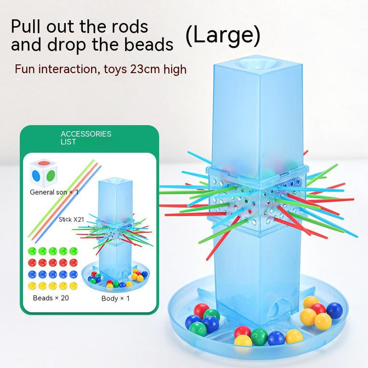 Toy structure with colorful beads and rods, accompanied by an accessories list card.