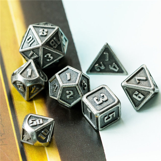 Silver Mini Metal Dice Ancient Effect | (10mm to 15mm) 7-Dice Udixi RPG