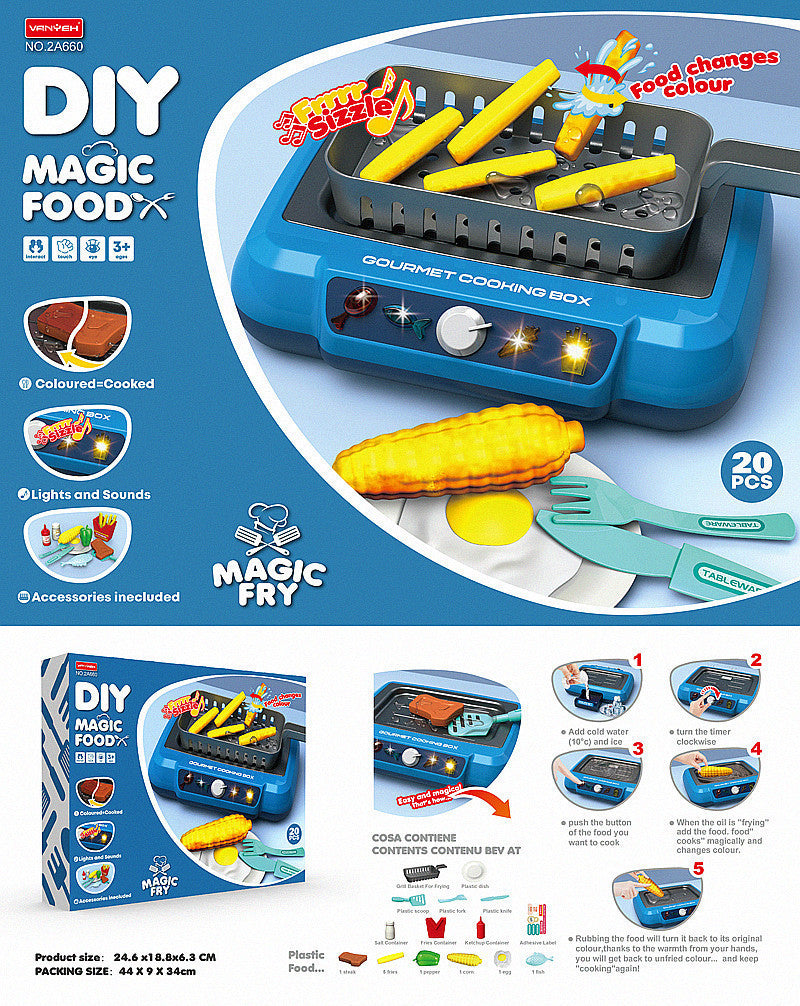 Toy cooking set with blue cooking box and yellow food items on a white background.