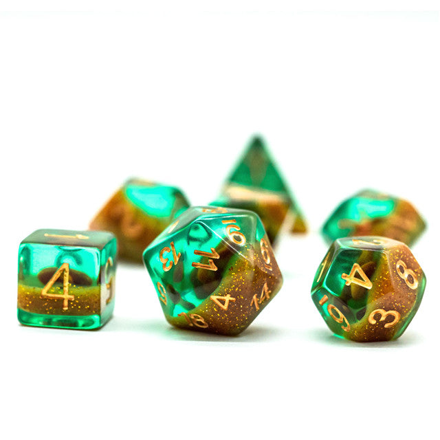 Green and Gold Starfish Dice 7-Dice Set Resin Dungeons and Dragons Dice