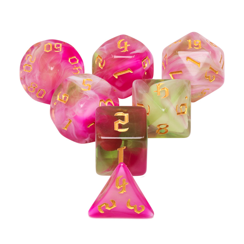 Superbloom 7-Dice Dnd Dice Pink | Green w/Gold Numbers Set