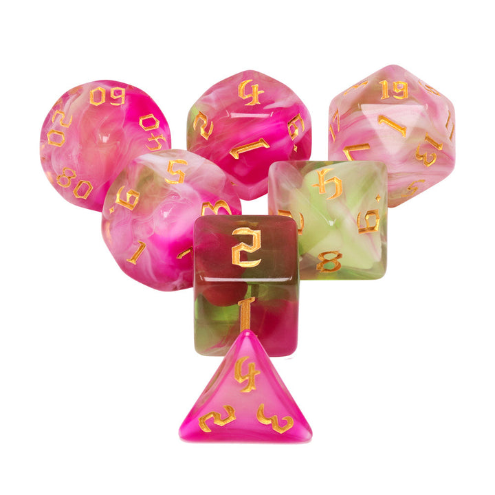 Superbloom 7-Dice Dnd Dice Pink | Green w/Gold Numbers Set
