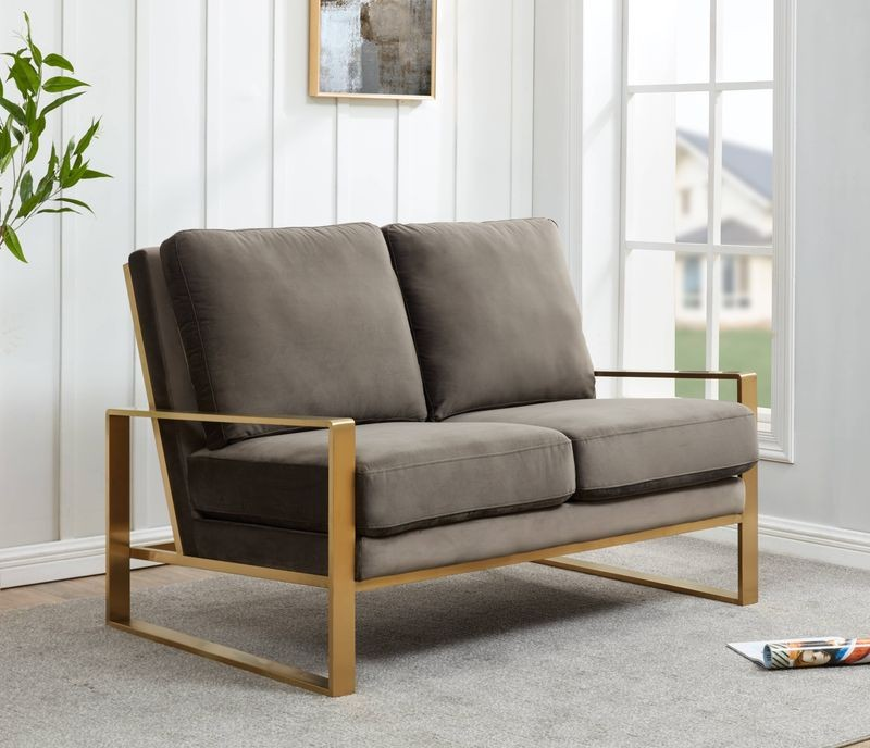 Leisuremod Jefferson Contemporary Modern Velvet Loveseat with Gold Frame Dark Grey with Background.