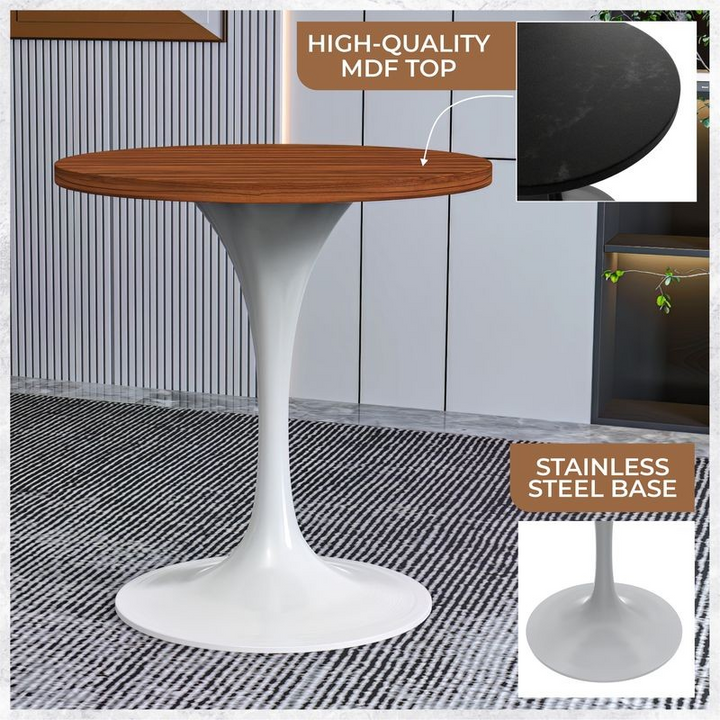 LeisureMod Verve Collection 27 Round Dining Table, White Base with Cognac Brown MDF Top Details.