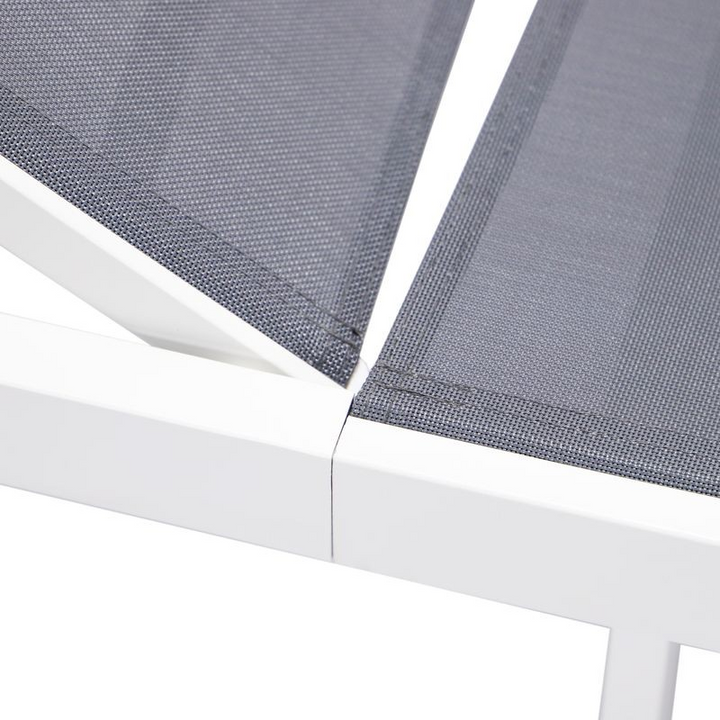 LeisureMod Marlin Patio Chaise Lounge Chair with White Aluminum Frame Dark Grey Closeup.