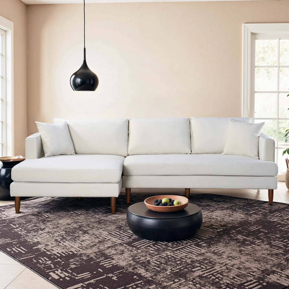 Blake L-Shaped Cream Velvet Sectional Sofa Left Facing Front View.