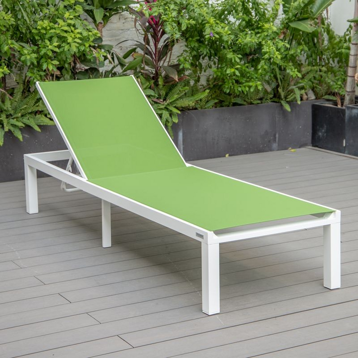LeisureMod Marlin Modern Aluminum Outdoor Patio Chaise Lounge Chair Set of 2 with Square Fire Pit Side Table Perfect for Patio, Lawn, and Garden Green Chair on Deck.