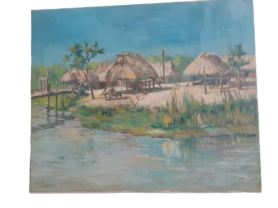 Chuck Fee Wong Signed Huts Estate Stamped Verso Painting Front Photo