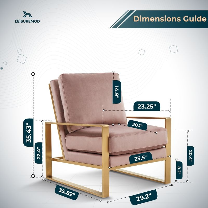 LeisureMod Jefferson Velvet Design Accent Armchair with Gold Brass Finish Frame Pink Dimensions