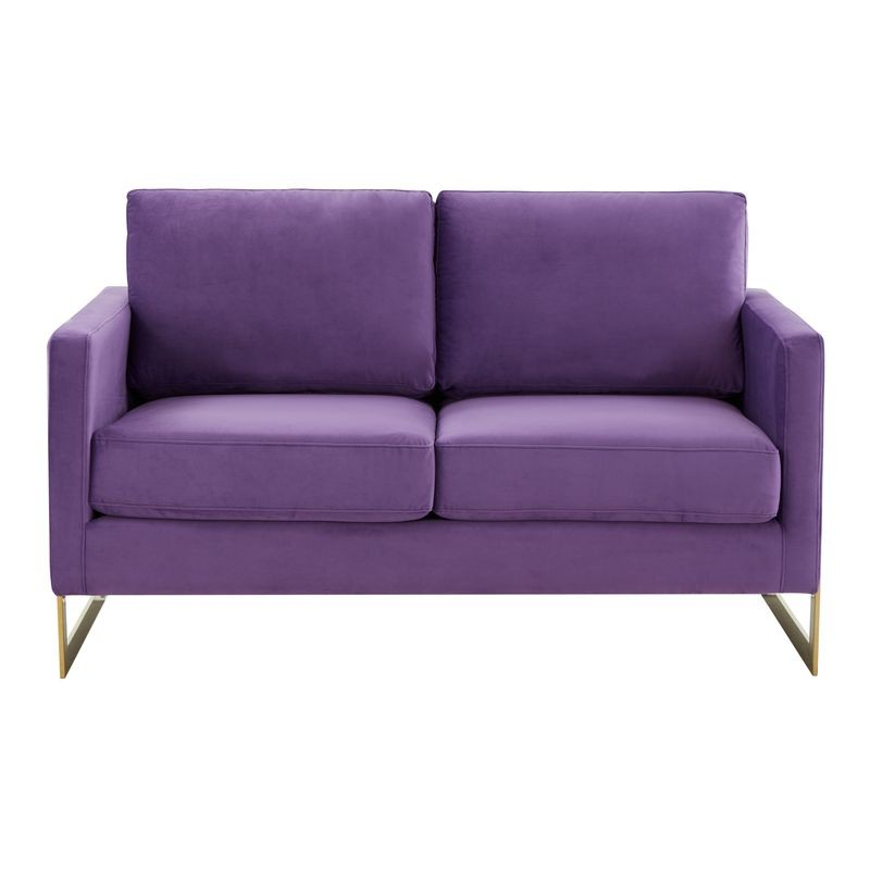 LeisureMod Lincoln Modern Mid-Century Upholstered Velvet Loveseat with Gold Frame Purple Front View.