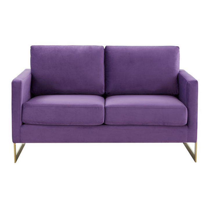 LeisureMod Lincoln Modern Mid-Century Upholstered Velvet Loveseat with Gold Frame Purple Front View.