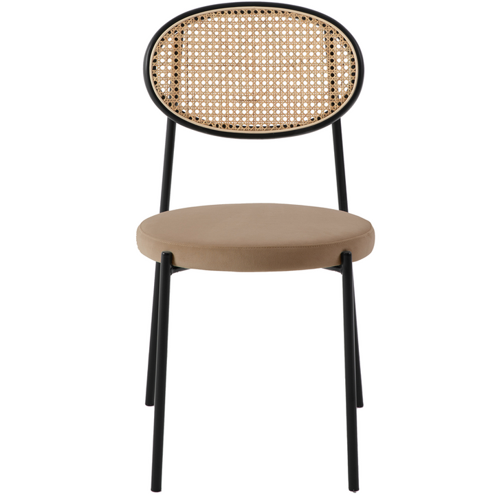 LeisureMod Euston Modern Wicker Dining Chair with Velvet Round Seat Brown. Front View.
