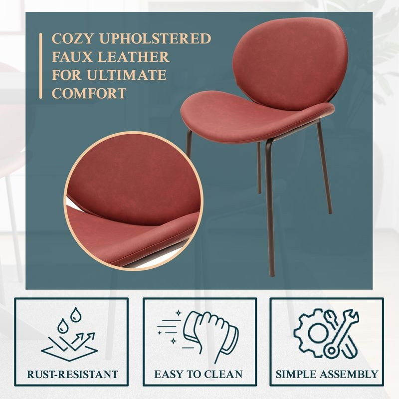 Red upholstered chair with close-up of fabric and text about comfort and features on a teal background.
