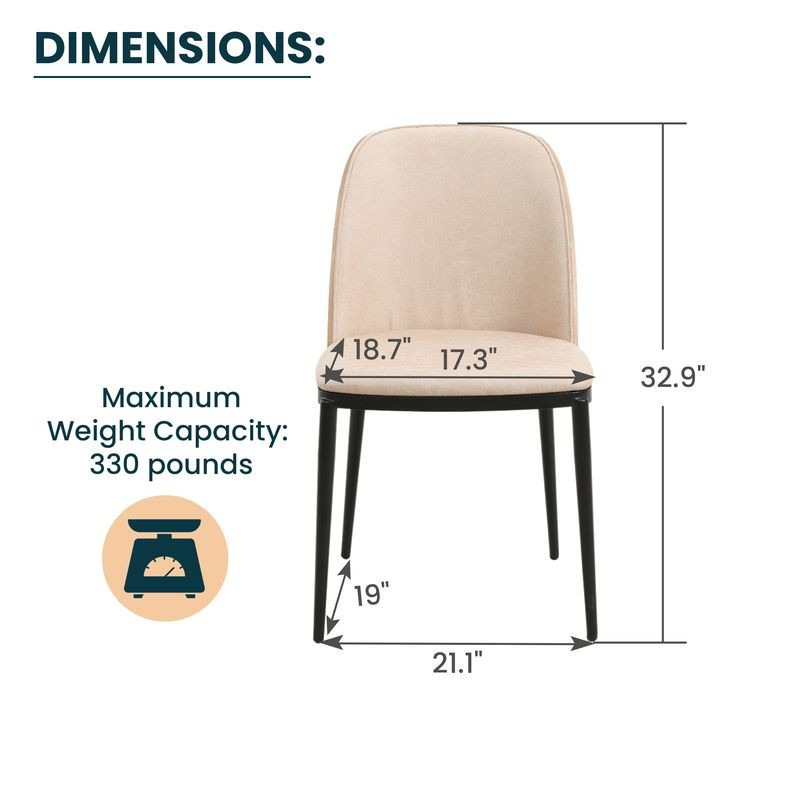 Beige chair with dimensions and weight capacity information on a white background.