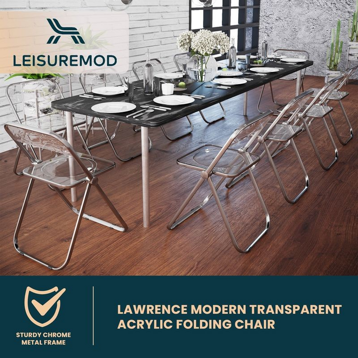 Modern transparent acrylic folding chair set with a table and decor, featuring LeisureMod branding.