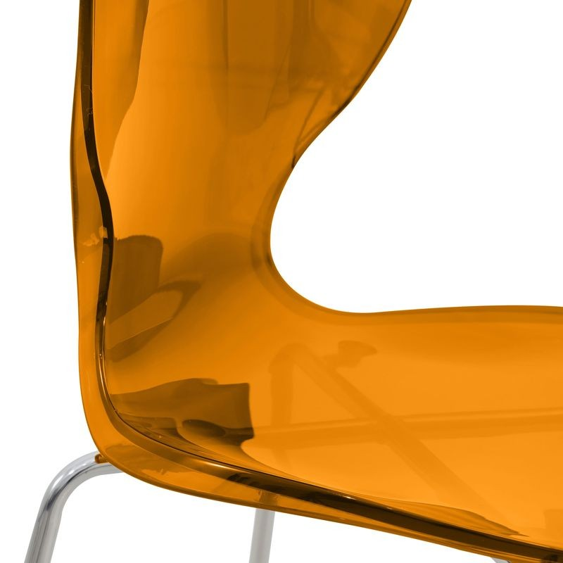 LeisureMod Oyster Acrylic Barstool with Steel Frame in Chrome Finish in Transparent Orange Zoomed In.