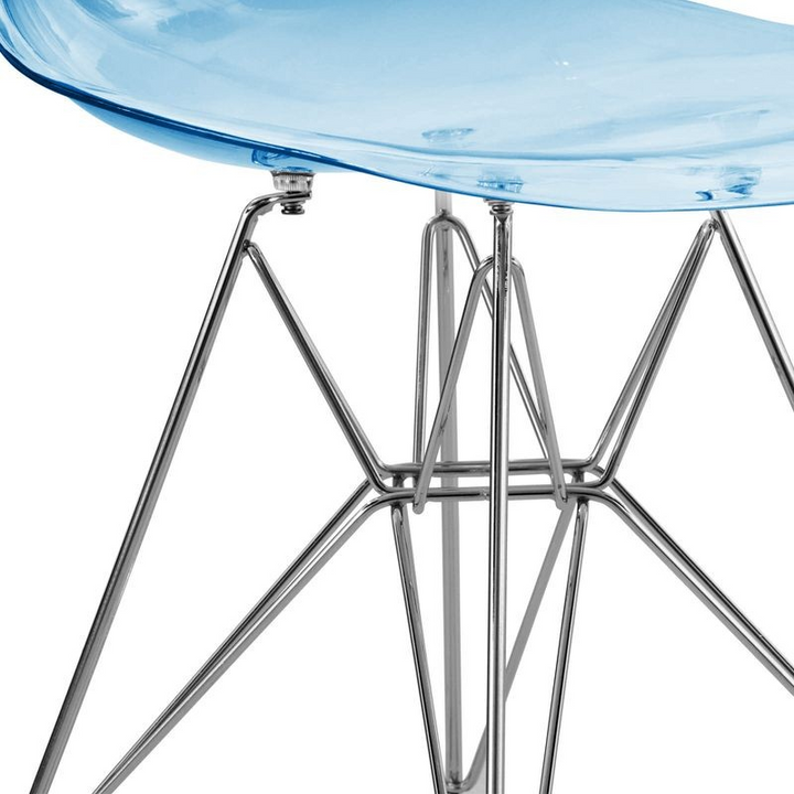 LeisureMod 5-Piece Dining Set 35" Round Dining Table in White Iron 4 ABS Plastic Side Chair in Chrome Transparent Blue Chair Closeup.