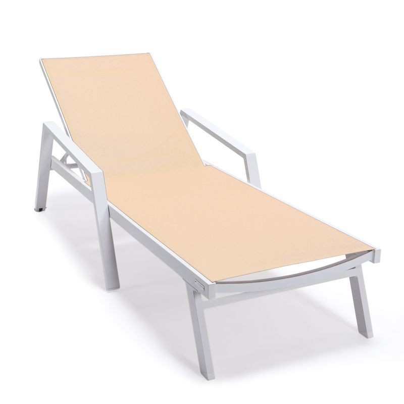 LeisureMod Marlin Patio Chaise Lounge Chair with Armrests in White Aluminum Frame Light Brown