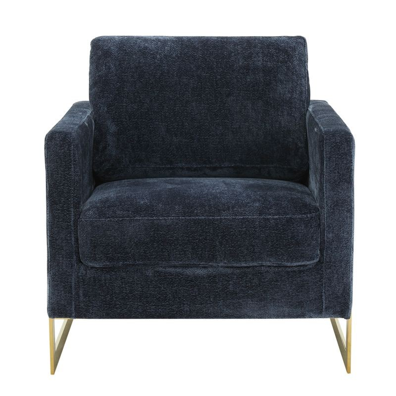 LeisureMod Lincoln Boucle Fabric Accent Armchair with Gold Stainless Steel Frame and Removable Back Cushion in Blue Front View