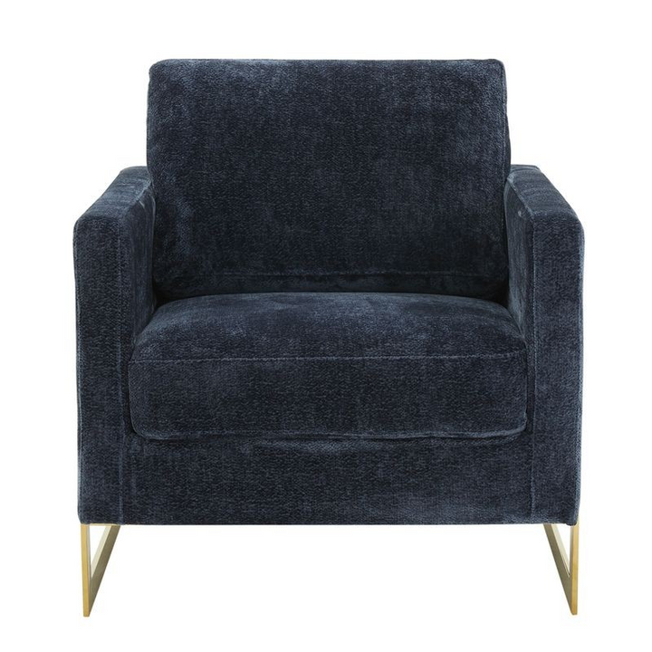 LeisureMod Lincoln Boucle Fabric Accent Armchair with Gold Stainless Steel Frame and Removable Back Cushion in Blue Front View