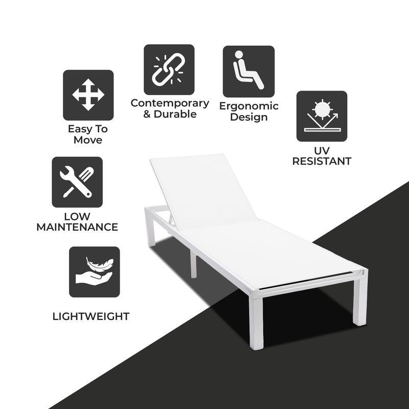 LeisureMod Marlin Patio Chaise Lounge Chair with White Aluminum Frame White Description.